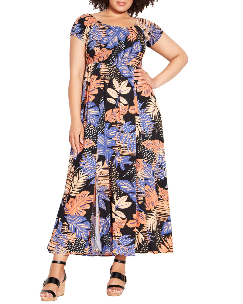 Front of a model wearing a size 14 Raelynn Dress in Black / Orange by Loralette. | dia_product_style_image_id:214414